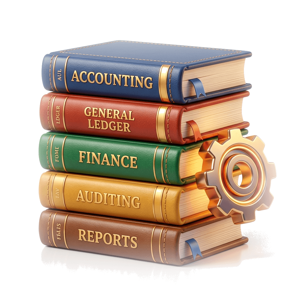 3D icon of accounting books with a shiny gear